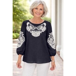 Talbots Women Embroidered Long Sleeve Blouse Top M Black Linen Cotton